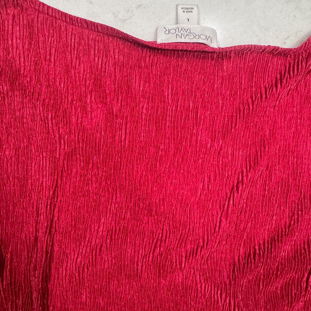 Red Crinkle Plissé Peplum Blouse Surplice Bishop Sleeve Party Large Coquette - Picture 14 of 15
